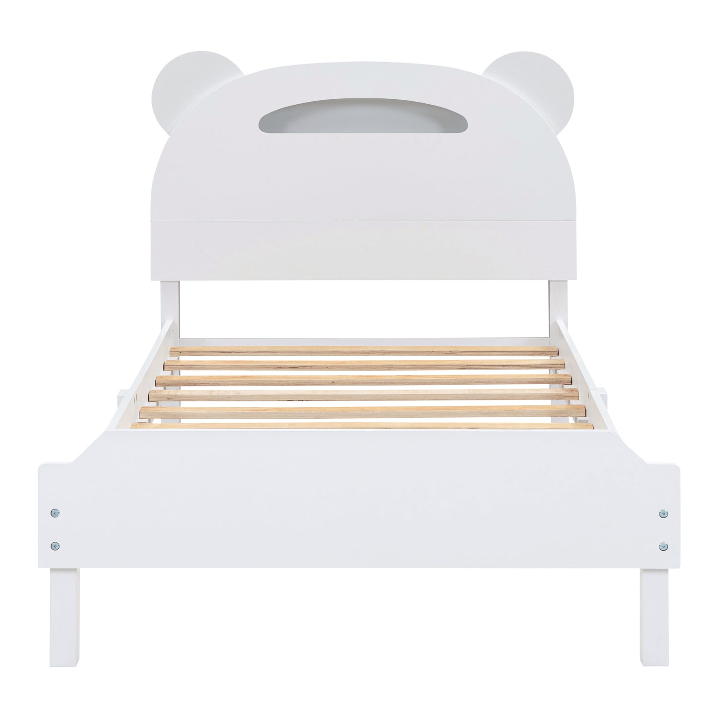 Twin Size Wood Platform Bed with Bear-shaped Headboard,Bed with Motion Activated Night Lights,White