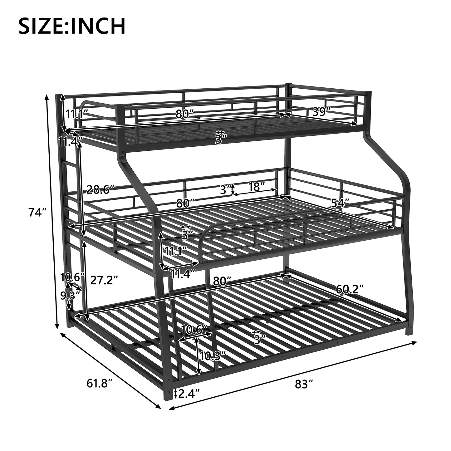 Modern Black Metal Triple Bunk Bed with Multiple Size Options and Innovative Safety Features