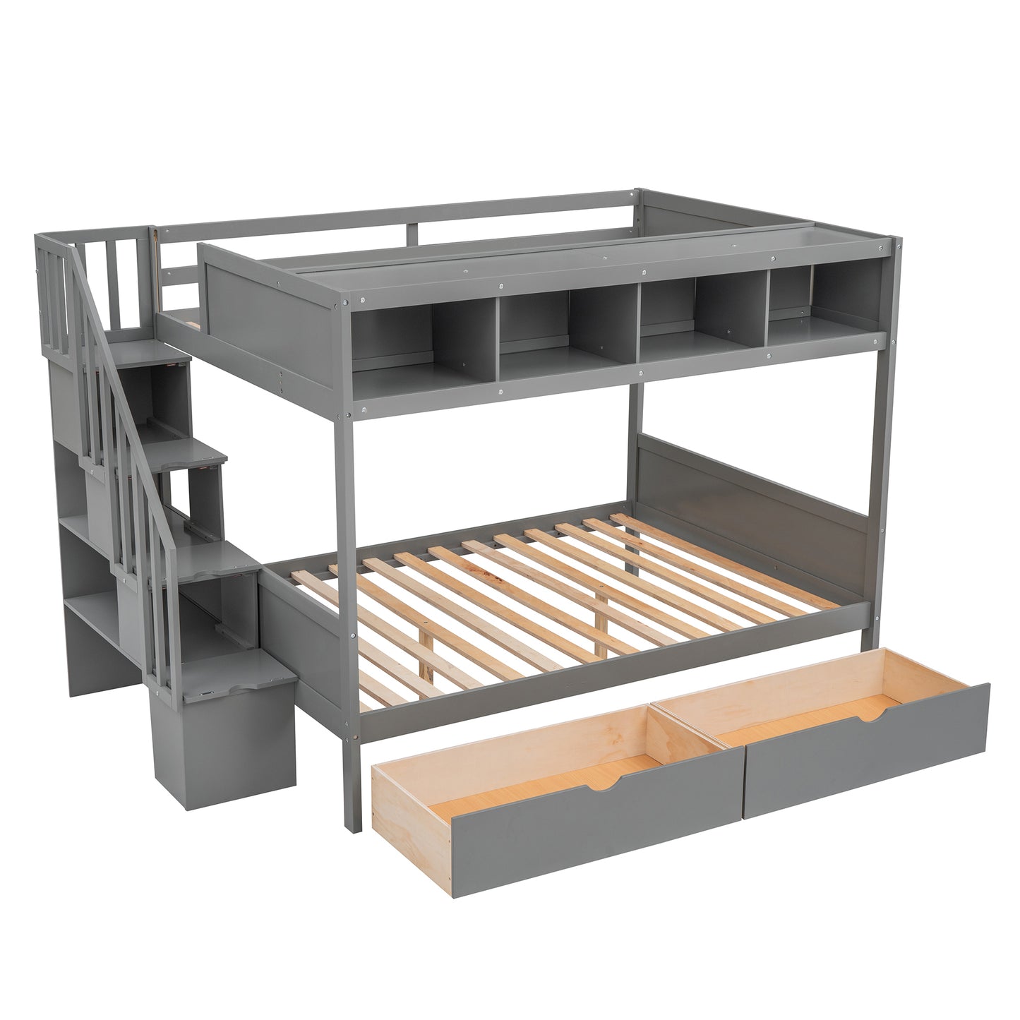 Twin over Full Bunk Bed with Storage Staircase, Drawers, and Shelfs in Gray