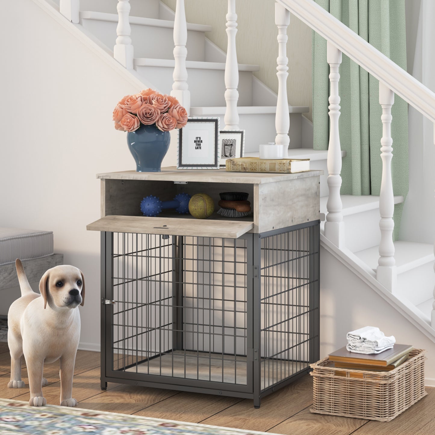 Furniture Style Wood Dog Crate End Table with Storage Console. Grey, 19.69'' W x 22.83'' D x 26.97'' H.