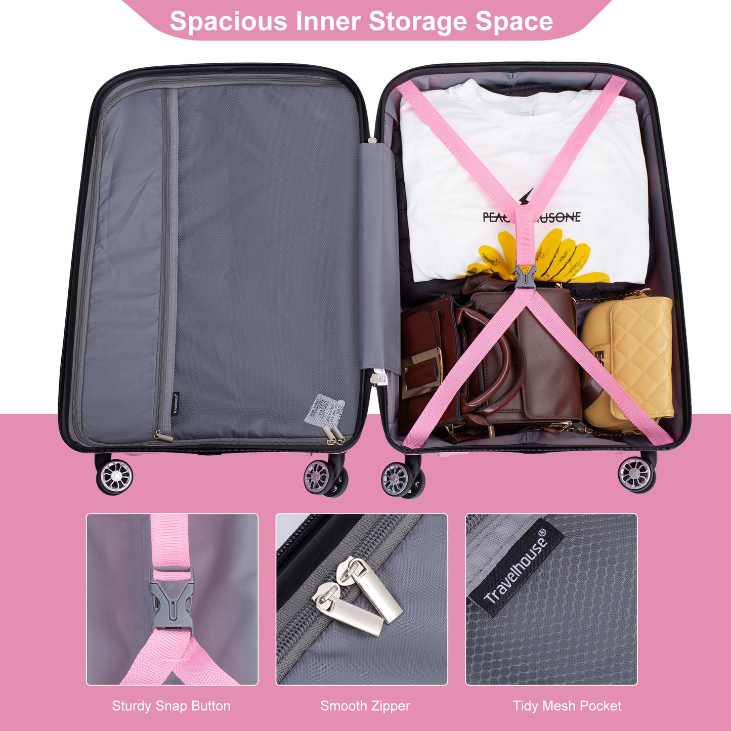 Hardshell Suitcase Double Spinner Wheels PP Luggage Sets Lightweight Durable Suitcase with TSA Lock,3-Piece Set (20/24/28) , Pink