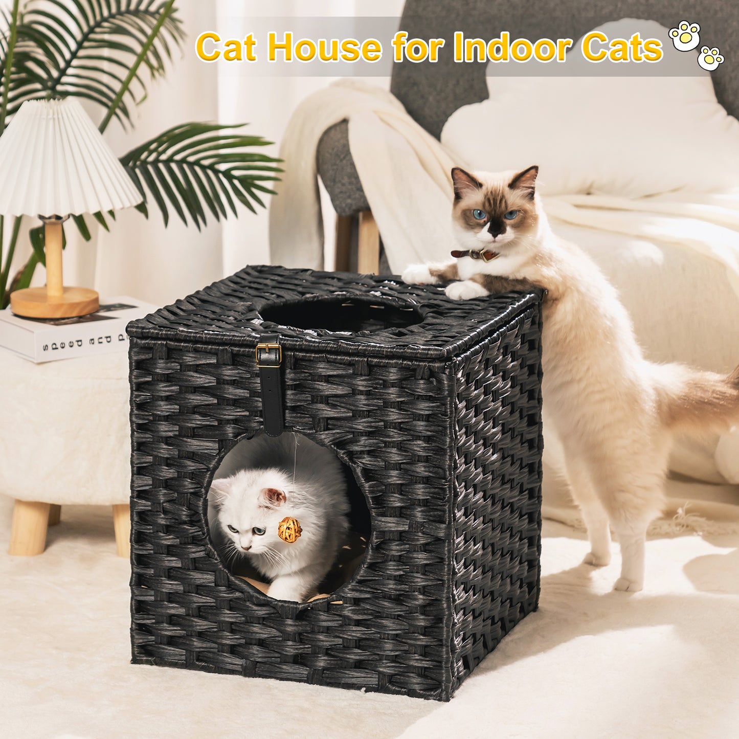 Rattan Cat Litter,Cat Bed with Rattan Ball and Cushion,Black