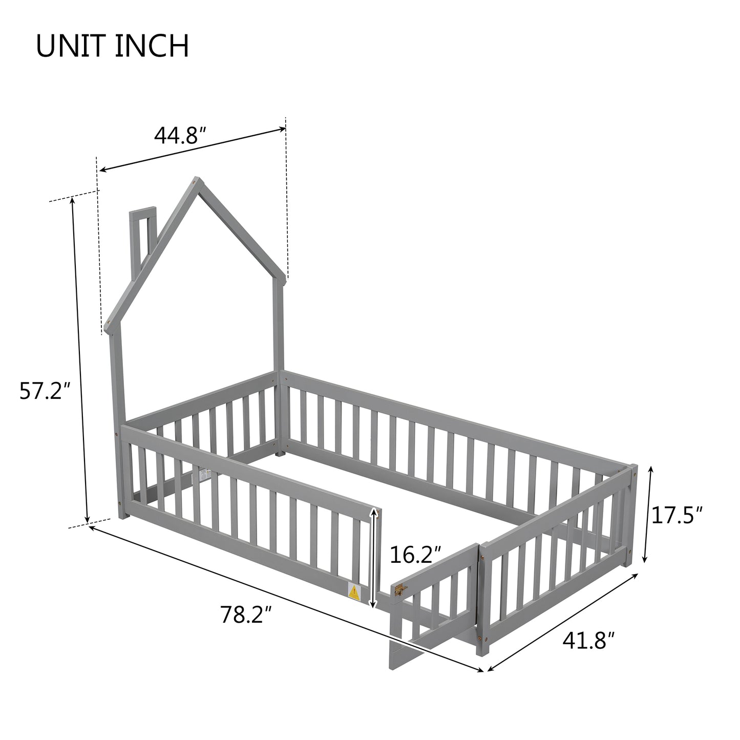 Twin House-Shaped Headboard Floor Bed with Fence,Grey