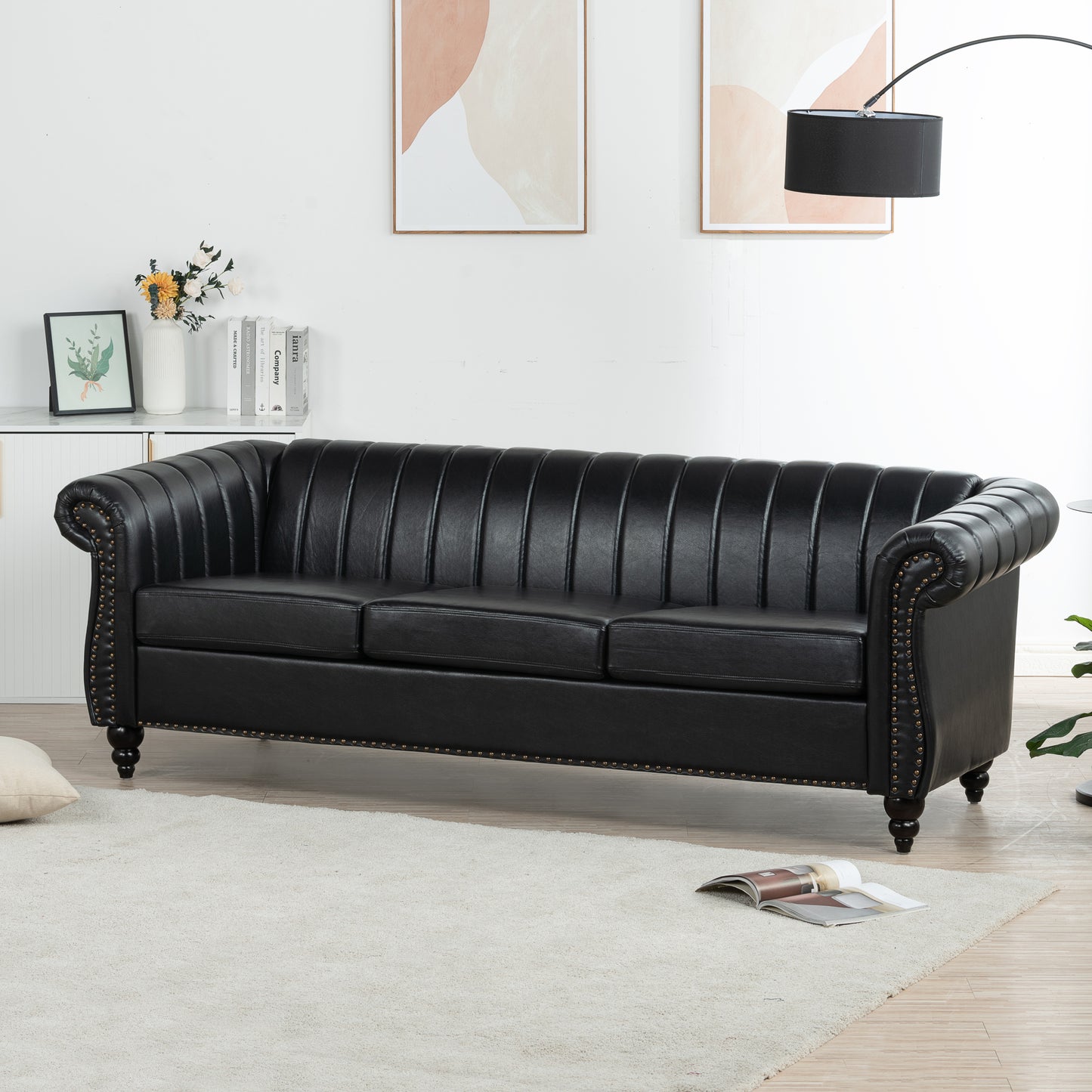 Elegant Black PU Rolled Arm Chesterfield Three-Seater Sofa, 83.46