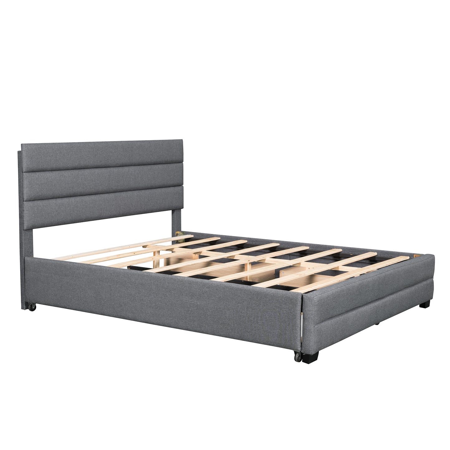 Queen Upholstered Platform Bed with Twin Size Trundle and Two Drawers,Grey