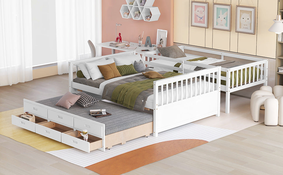 Playful Twin-Over-Full Bunk Bed with Trundle and Drawers - White