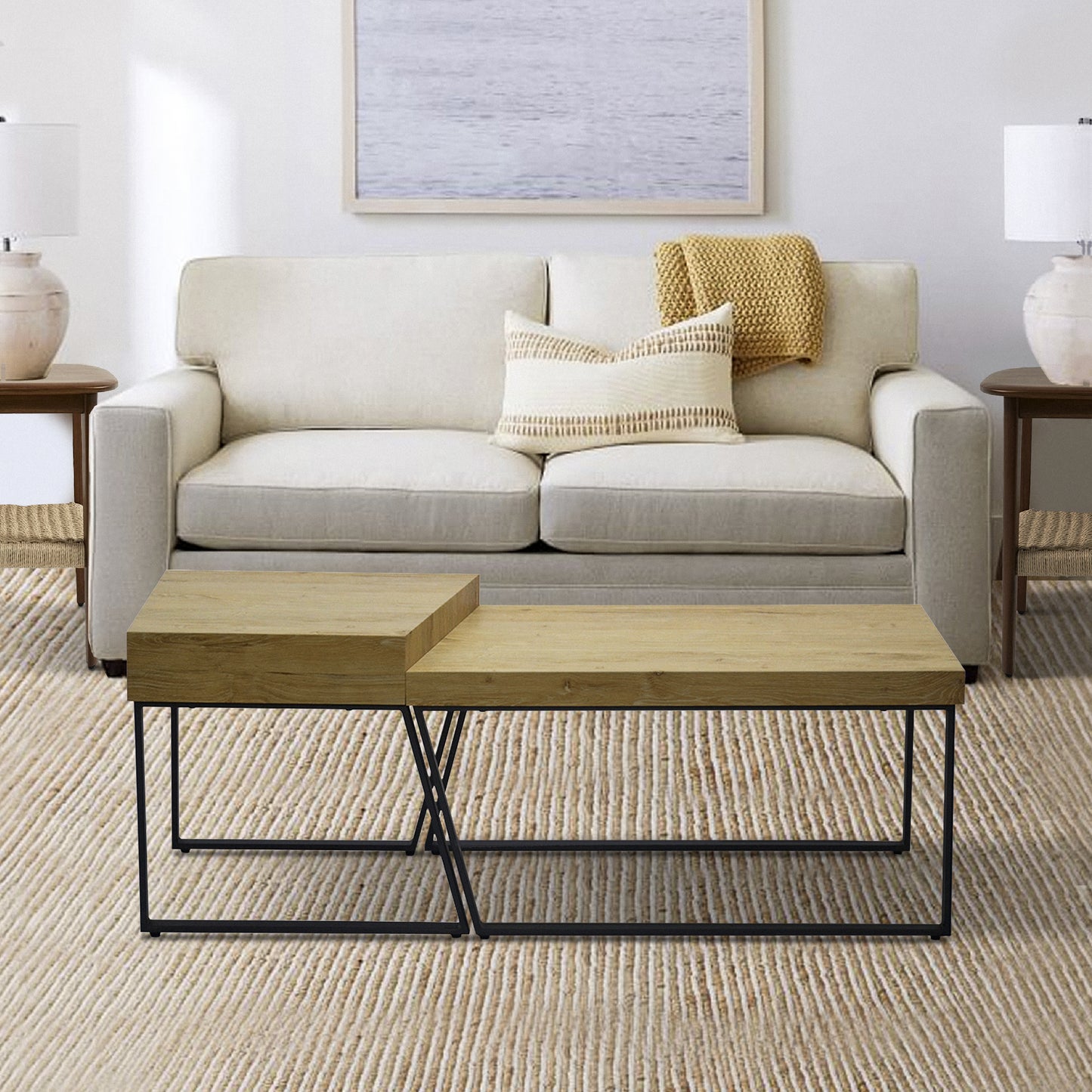 Elegant Oak Brown and Black Wooden Coffee Table with Metal Frame