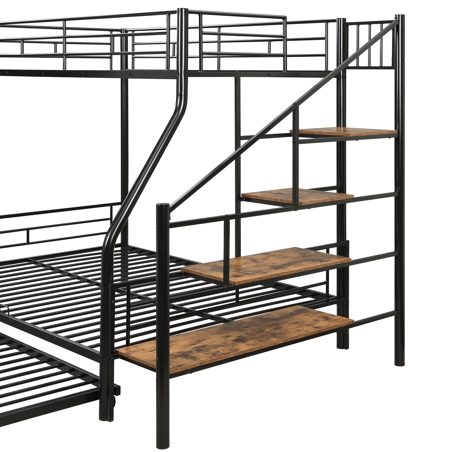 Black Metal Bunk Bed with Storage Staircase and Trundle - Twin over Full Size