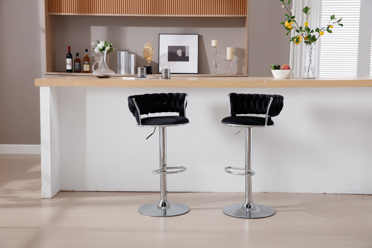 Set of 2  Bar Stools,with Chrome Footrest and Base Swivel Height Adjustable Mechanical Lifting Velvet + Bar Stool-BLACK