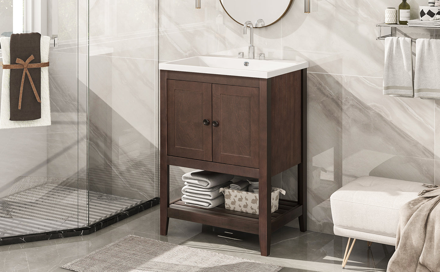 24" Brown Modern Sleek Bathroom Vanity Elegant Ceramic Sink with Solid Wood Frame Open Style Shelf