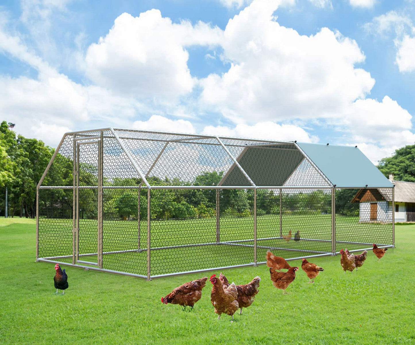 Metal Large Chicken Coop Walk-in Poultry Cage Large Chicken Run Flat Shaped Cage with Waterproof Anti-UltravioletCover, 1.26" Diameter Tube (9.8' L x 26.2' W x 6.4' H)