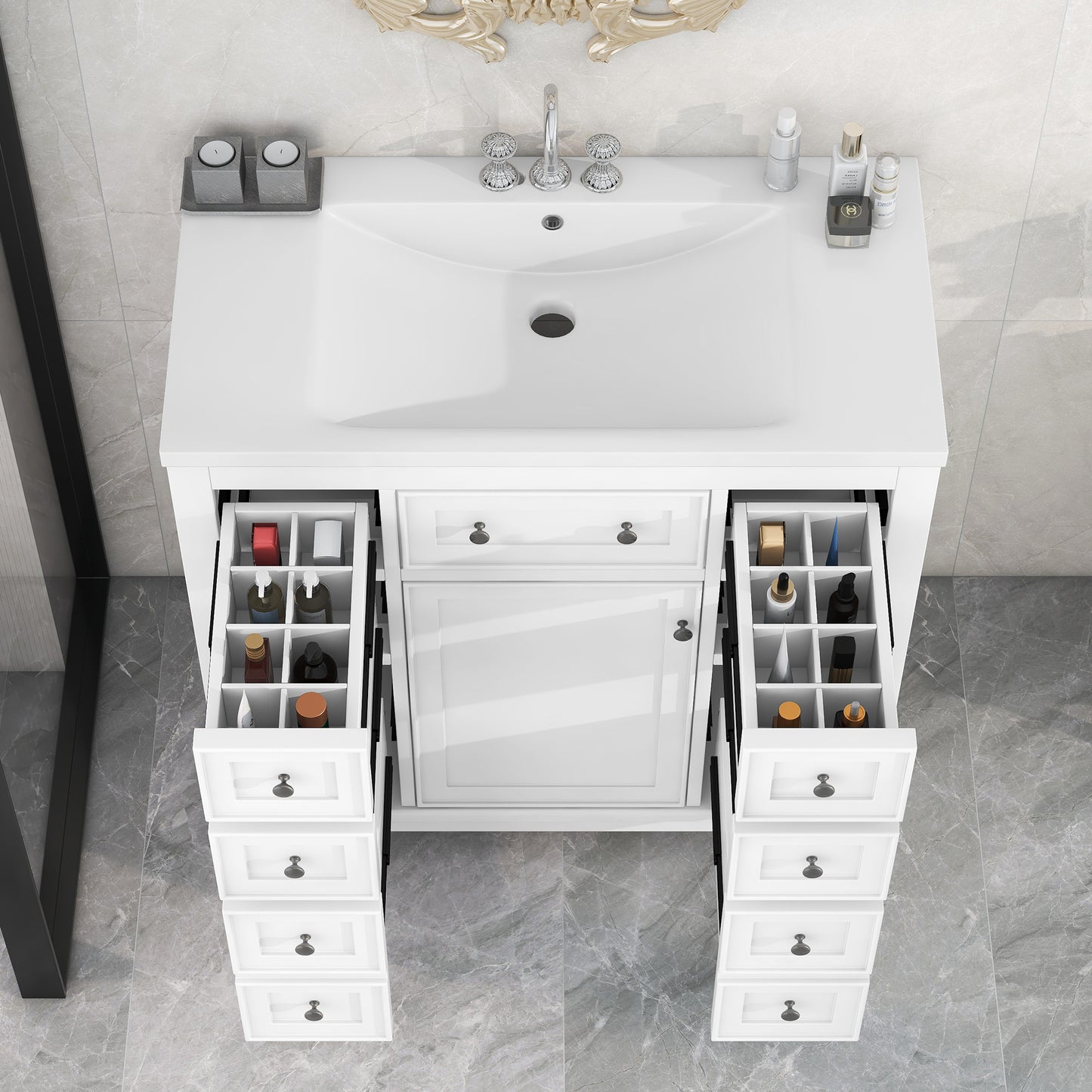 36" Bathroom Vanity with Sink Combo, One Cabinet and Six Drawers, Solid Wood and MDF Board, White