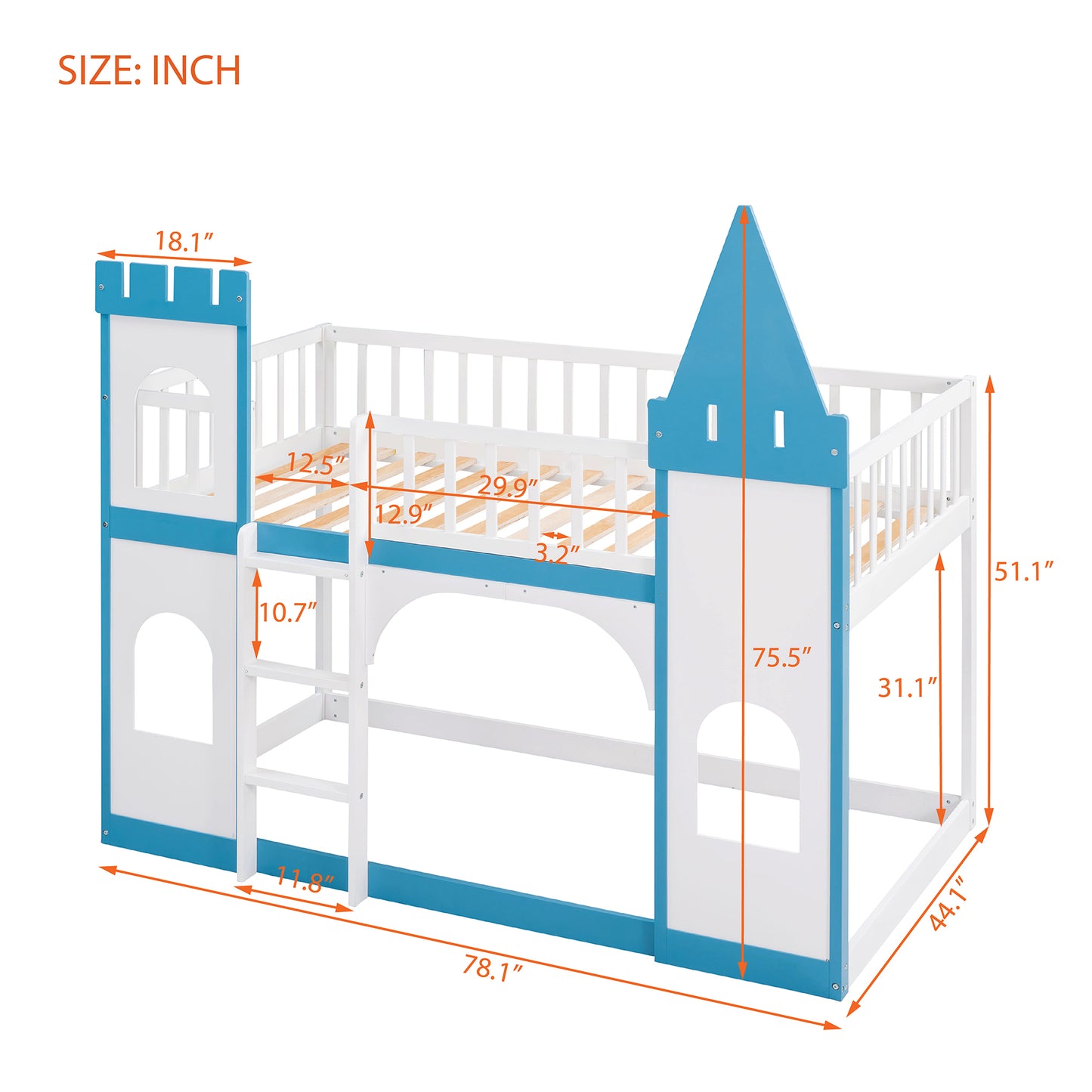 Blue Castle Bunk Bed with Ladder for Children