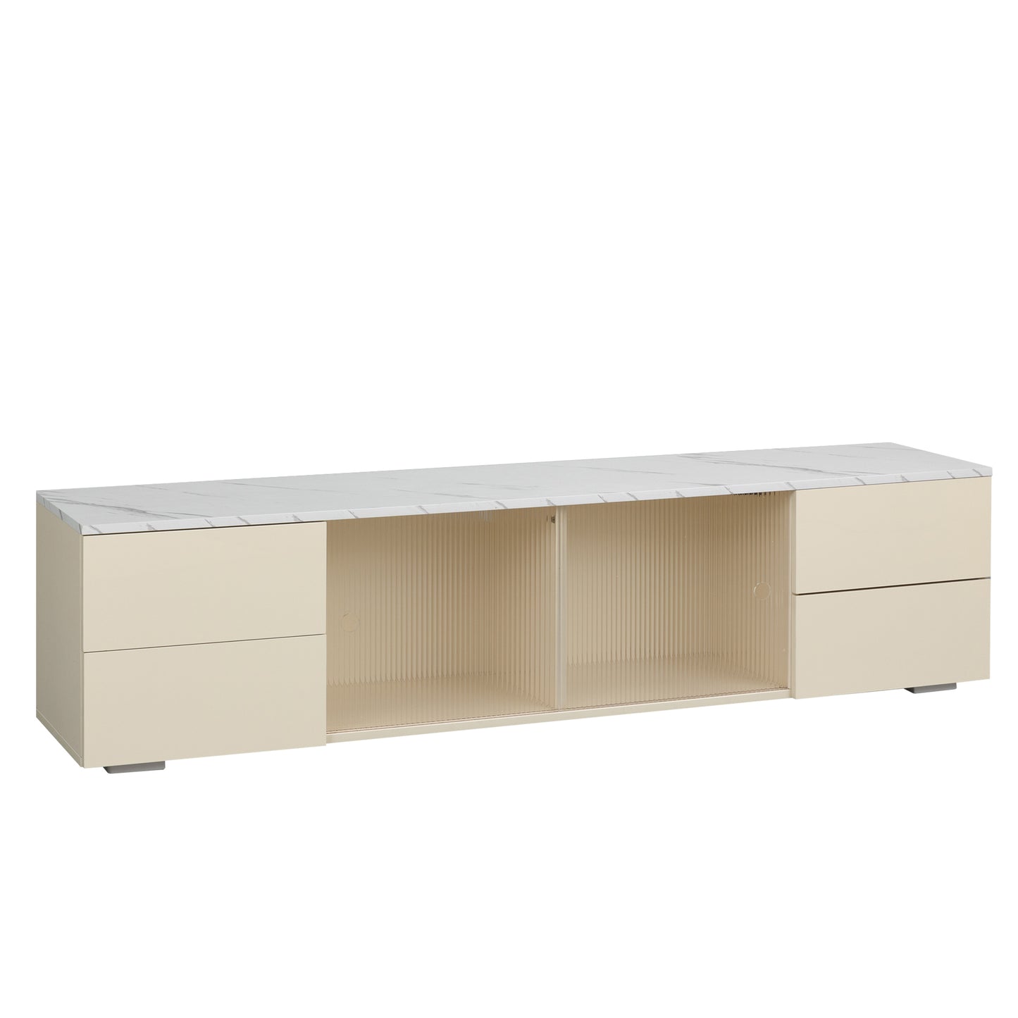 Beige LED TV Stand with UV Drawer Panels, Sliding Doors, and LED Lights