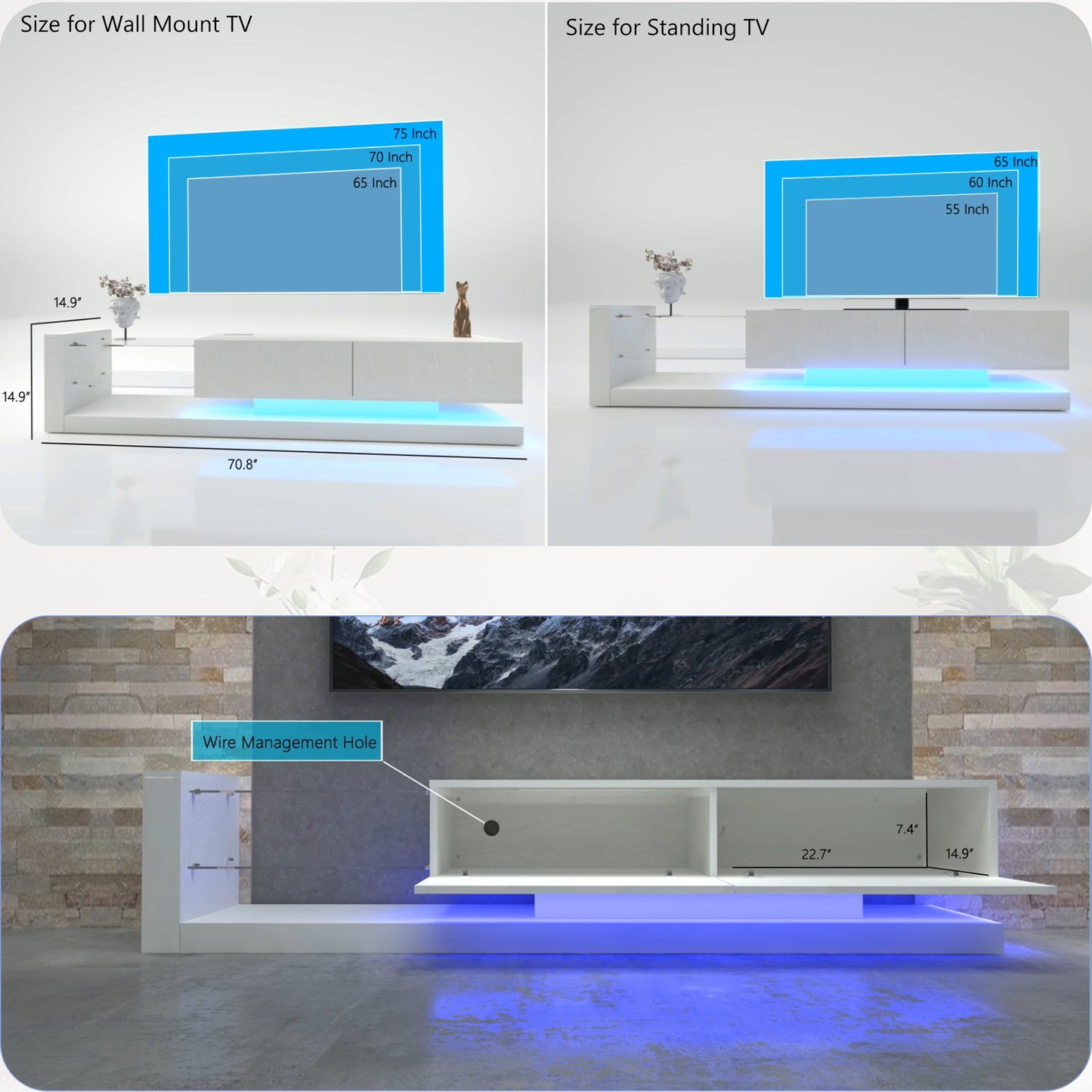 Ivory TV Stand with Color-Changing LED Lights and Ample Storage for 75-inch TVs