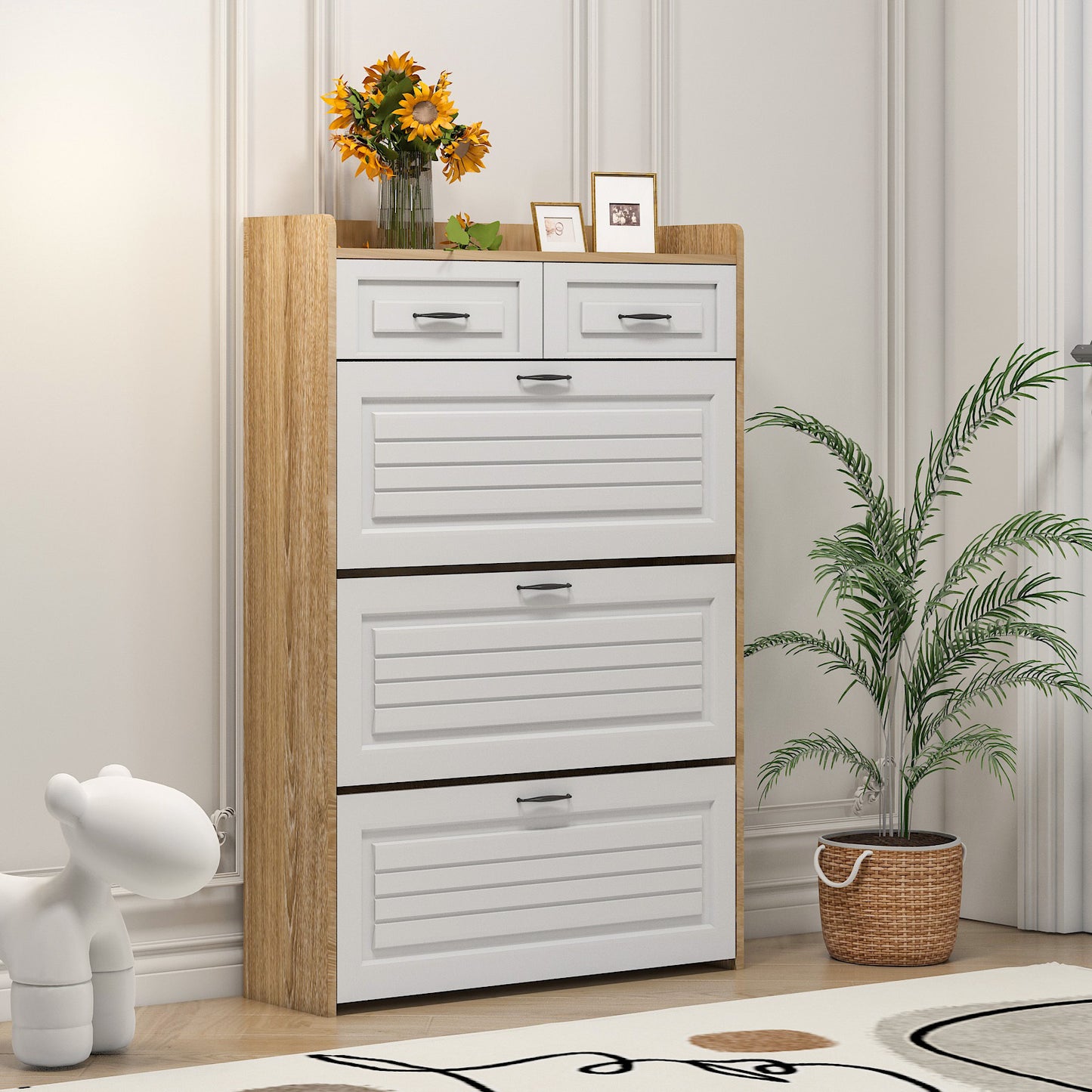 White +Oak Color shoe cabinet  with 3 doors 2 drawers,PVC door with shape ,large space for storage