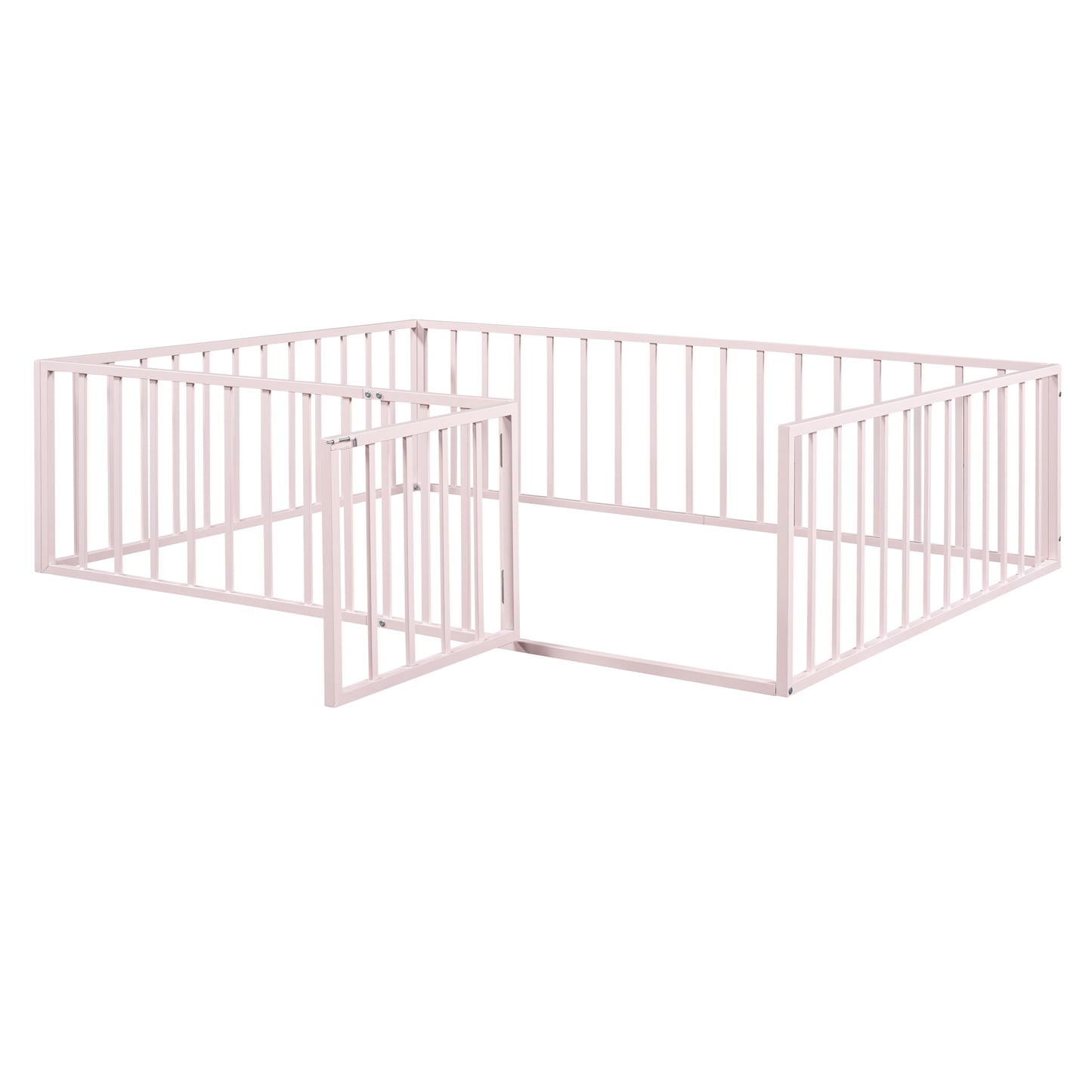 Queen Size Metal Floor Bed Frame with Fence and Door, Pink