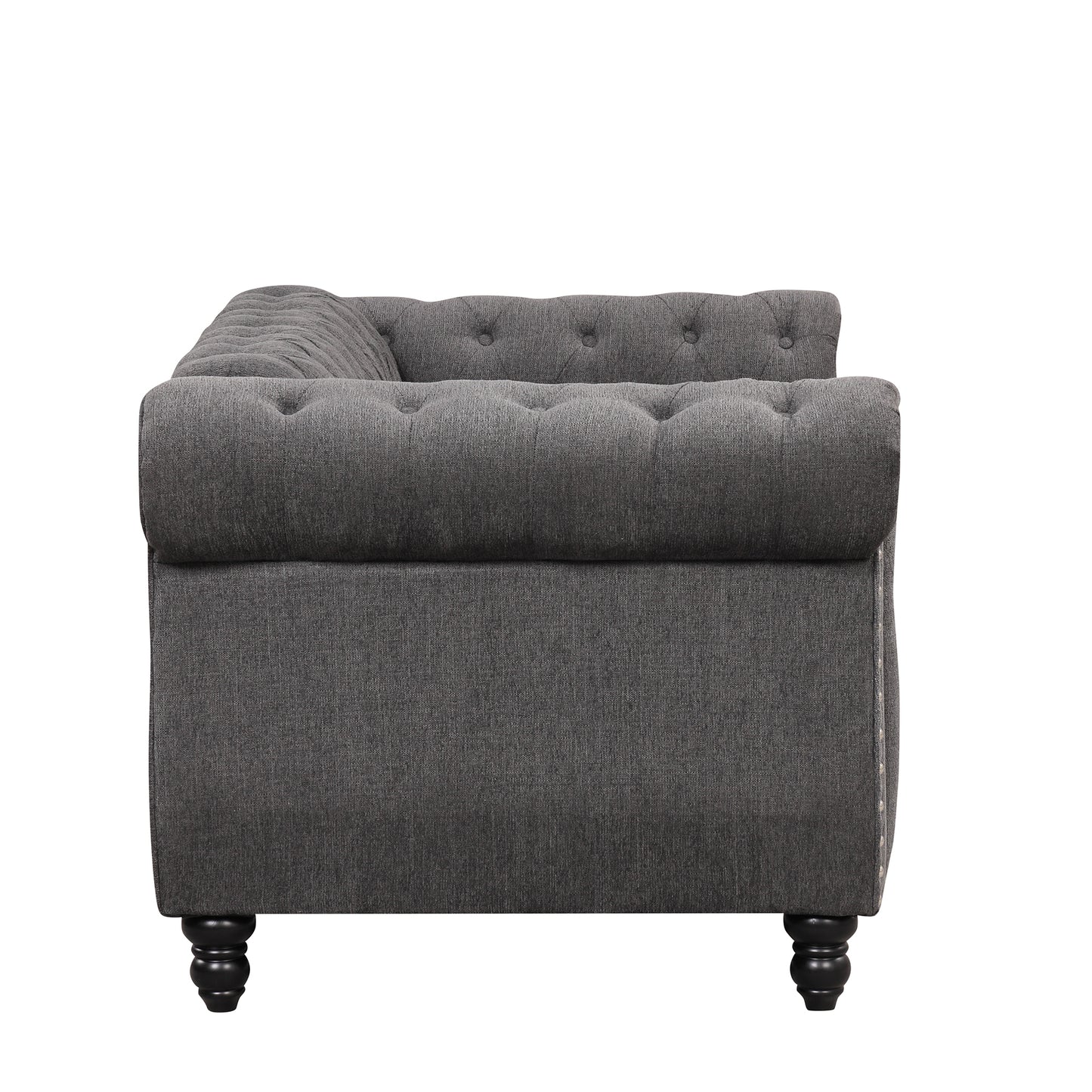 Modern Gray Plush Upholstered 60 Sofa with Buttoned Tufted Backrest and Solid Wood Legs