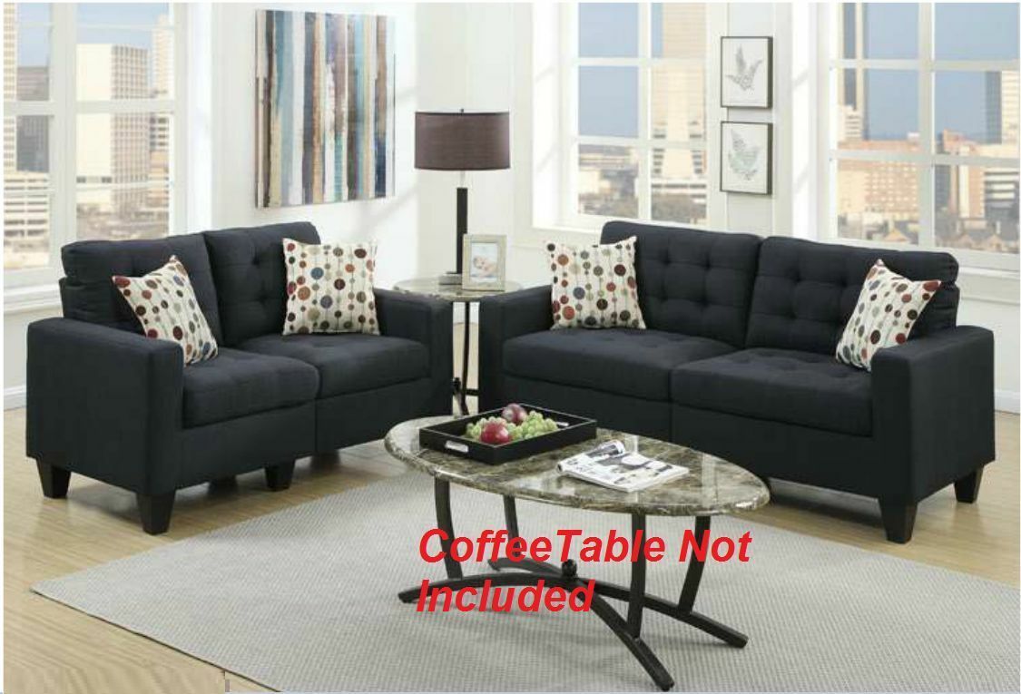 Living Room Furniture 2pc Sofa Set Black Polyfiber Tufted Sofa Loveseat w Pillows Cushion Couch Solid pine