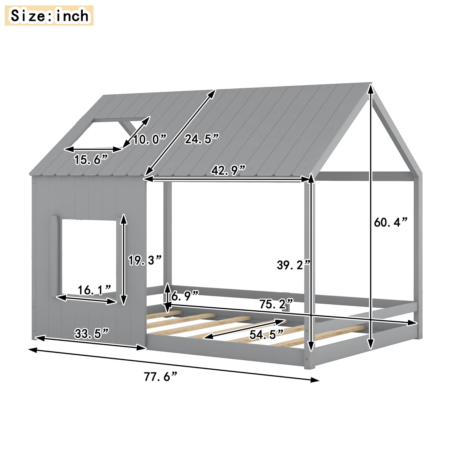 Full Size House Bed with Roof and Window - Gray