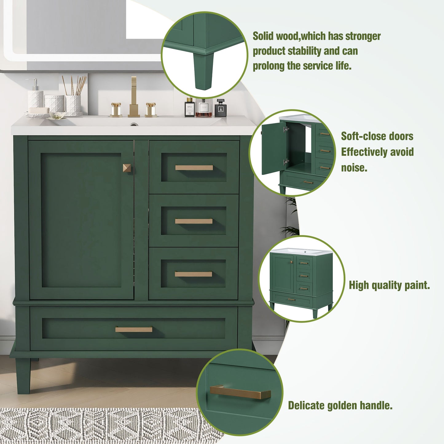 30" Bathroom Vanity in Green, Modern Bathroom Cabinet with Sink Combo Set, Bathroom Storage Cabinet with a Soft Closing Door and 3 Drawers, Solid Wood Frame