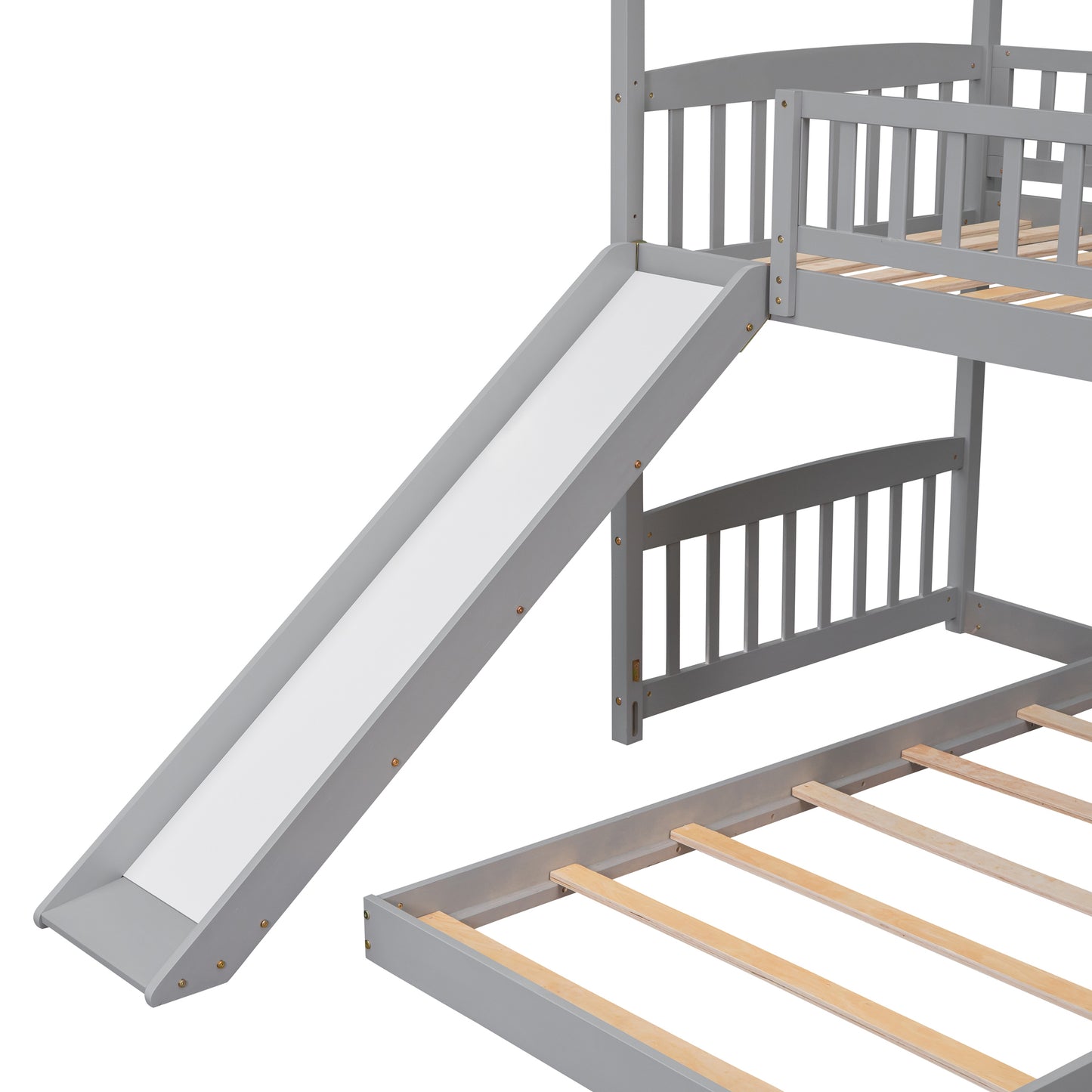 Gray Twin Bunk Bed with Slide and Playhouse Design for Maximized Space Saving