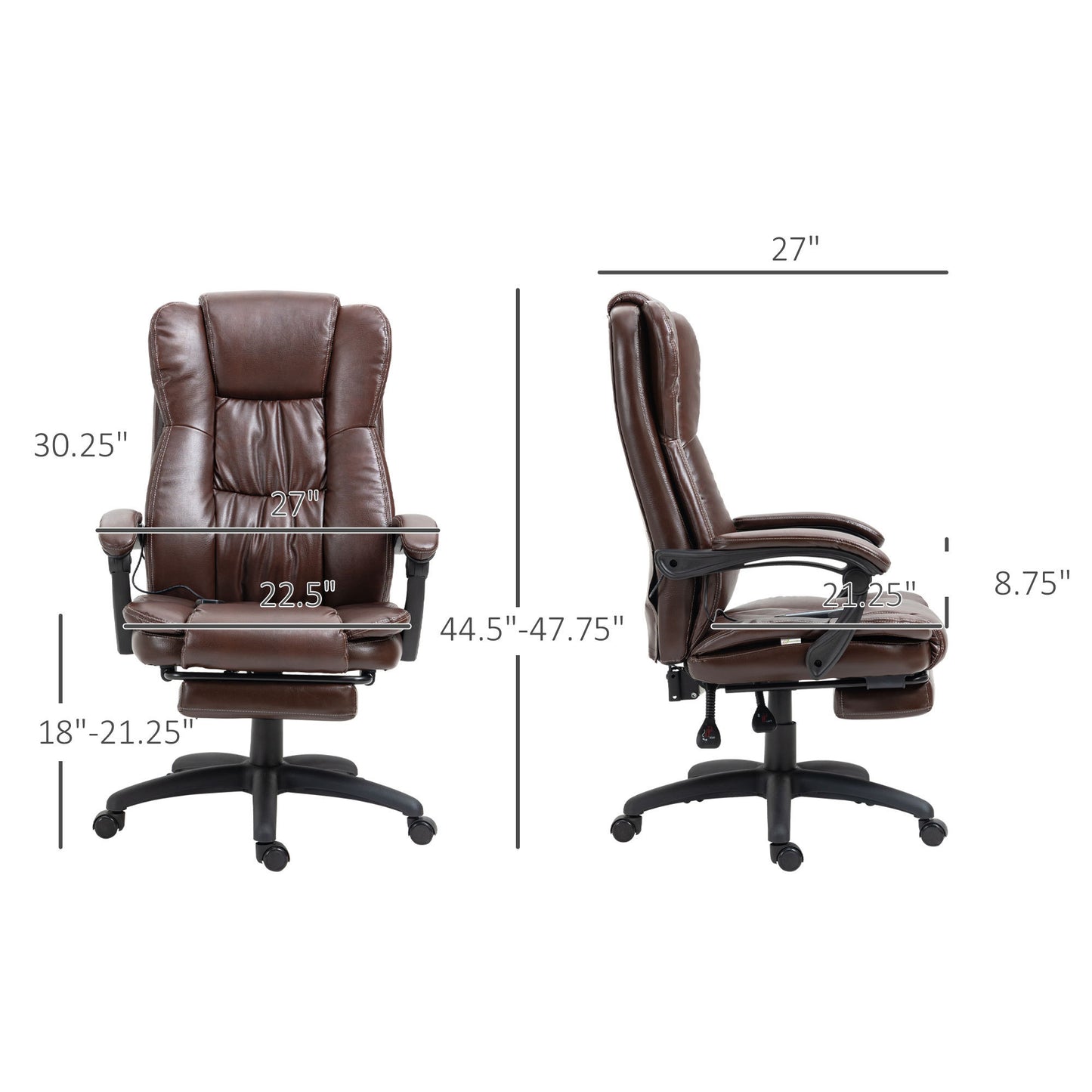 Vinsetto High Back Massage Office Chair with 6-Point Vibration, 5 Modes, Executive Chair, PU Leather Swivel Chair with Reclining Back, and Retractable Footrest, Brown