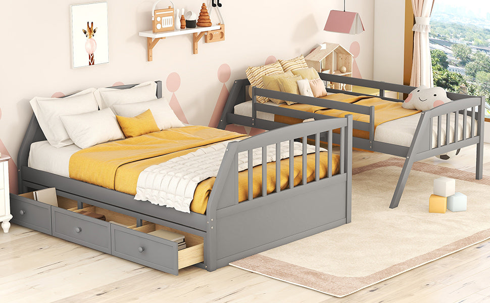 Gray Twin-Over-Full Bunk Bed with Storage Staircase, Ladder, and Drawers