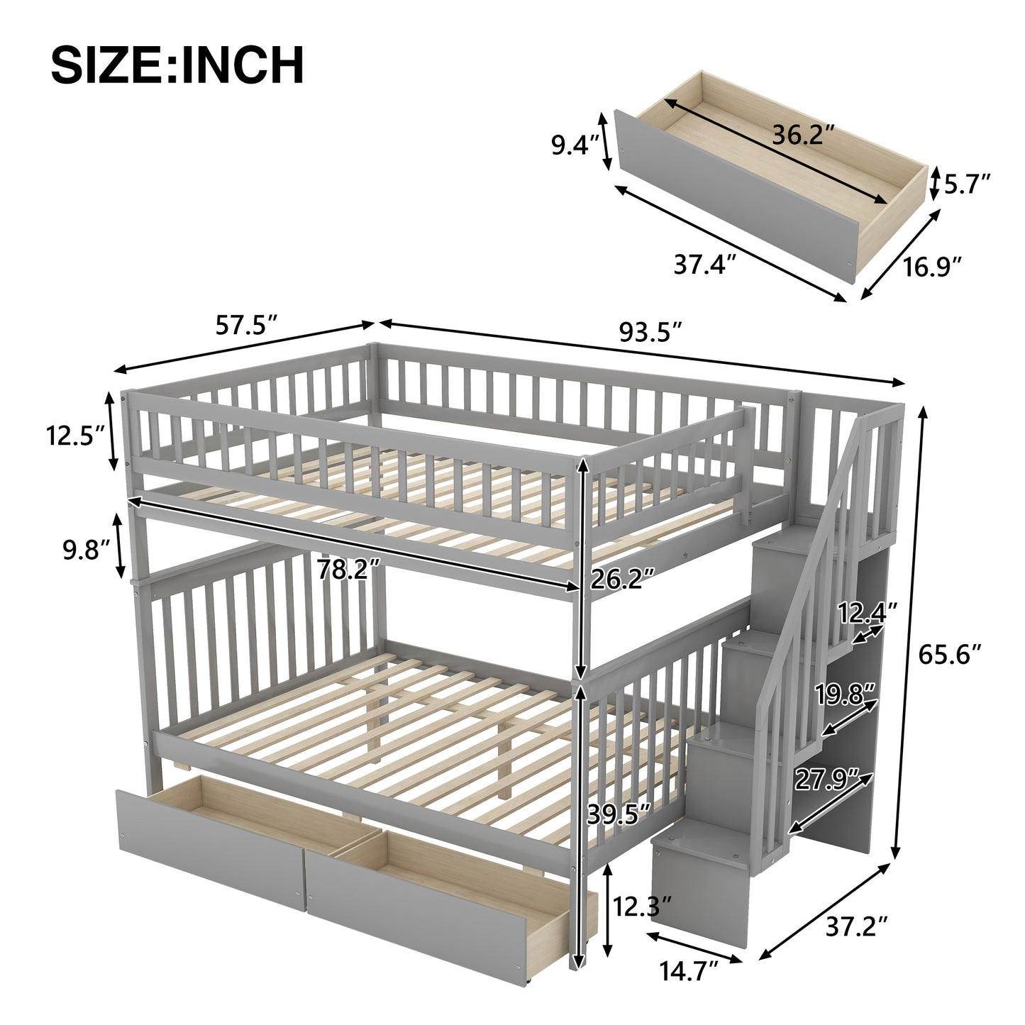 Gray Full over Full Bunk Bed with Storage Drawers and Ample Space