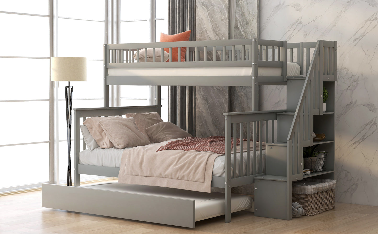 Gray Twin over Full Bunk Bed Set with Trundle, Staircase, and Storage