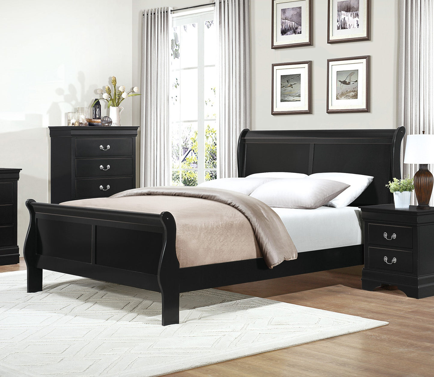 Black Finish Louis Philippe Style 1pc Queen Size Sleigh Bed Traditional Design Furniture