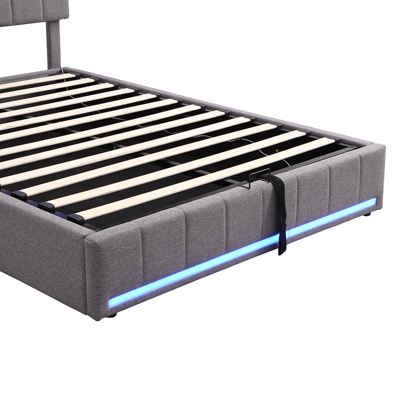 Full Size Upholstered Platform Bed with Hydraulic Storage System, LED Light, and a set of USB Ports and Sockets, Linen Fabric, Gray