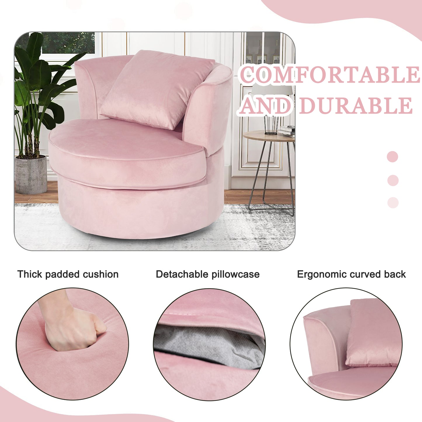 Single Sofa Chair Mid-Century Modern Accent Chair 360°Rotating Sofa Chair for Living Room Bedroom Pink