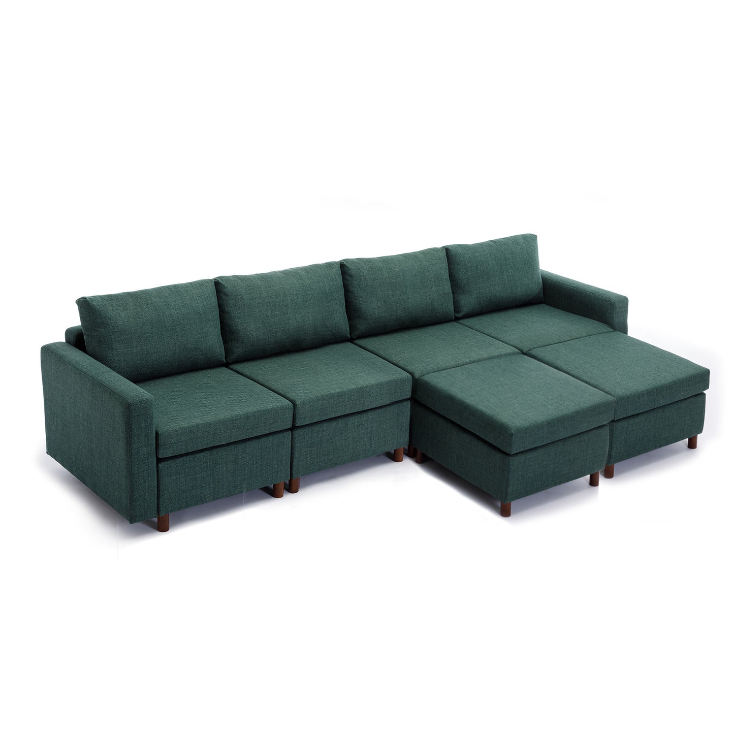 4-Seat Green Linen Sectional Sofa with Ottoman and Soft Plushness