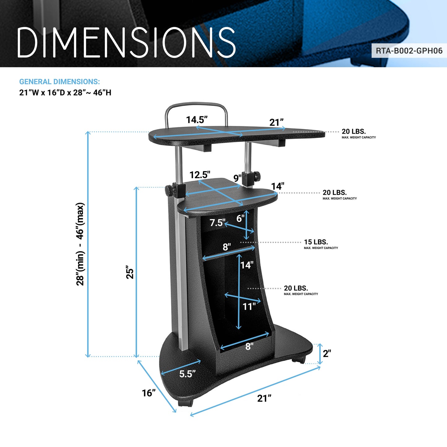 Height-Adjustable Rolling Laptop Cart with Storage in Graphite