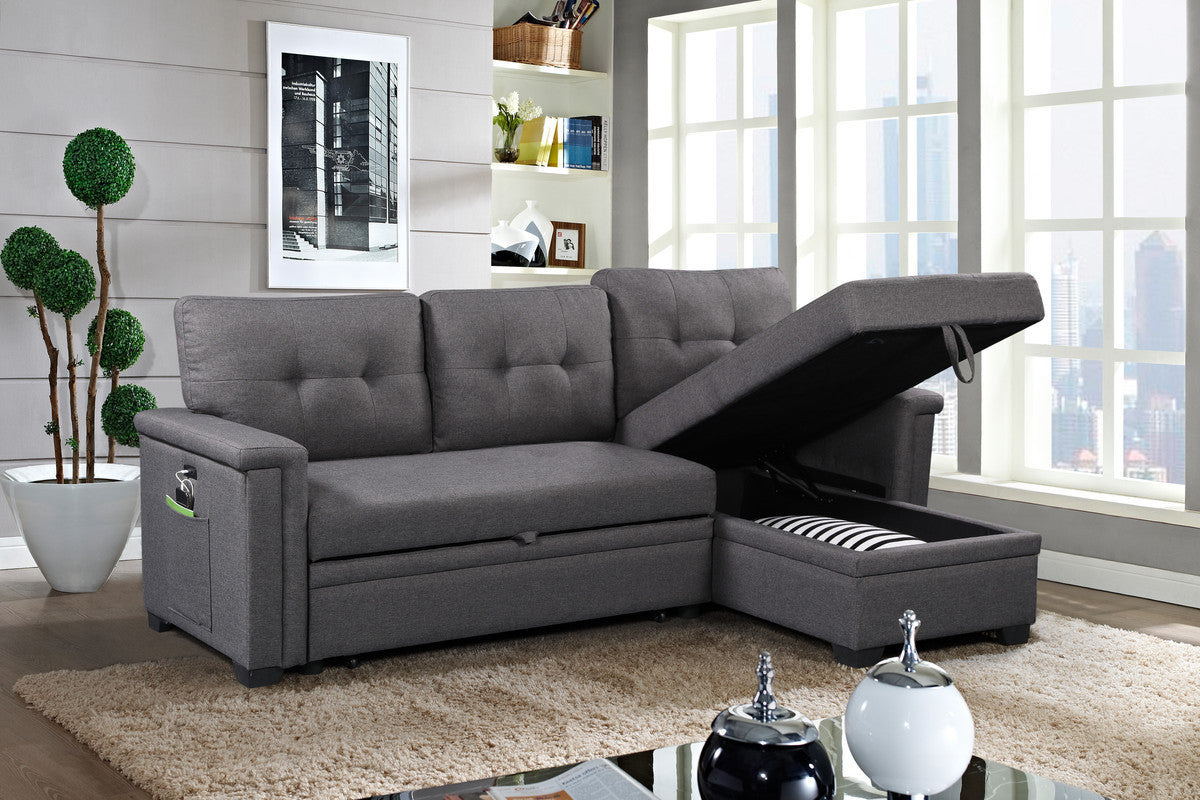 Gray Linen Sleeper Sectional Sofa with Storage Chaise, USB Charging Ports and Pocket