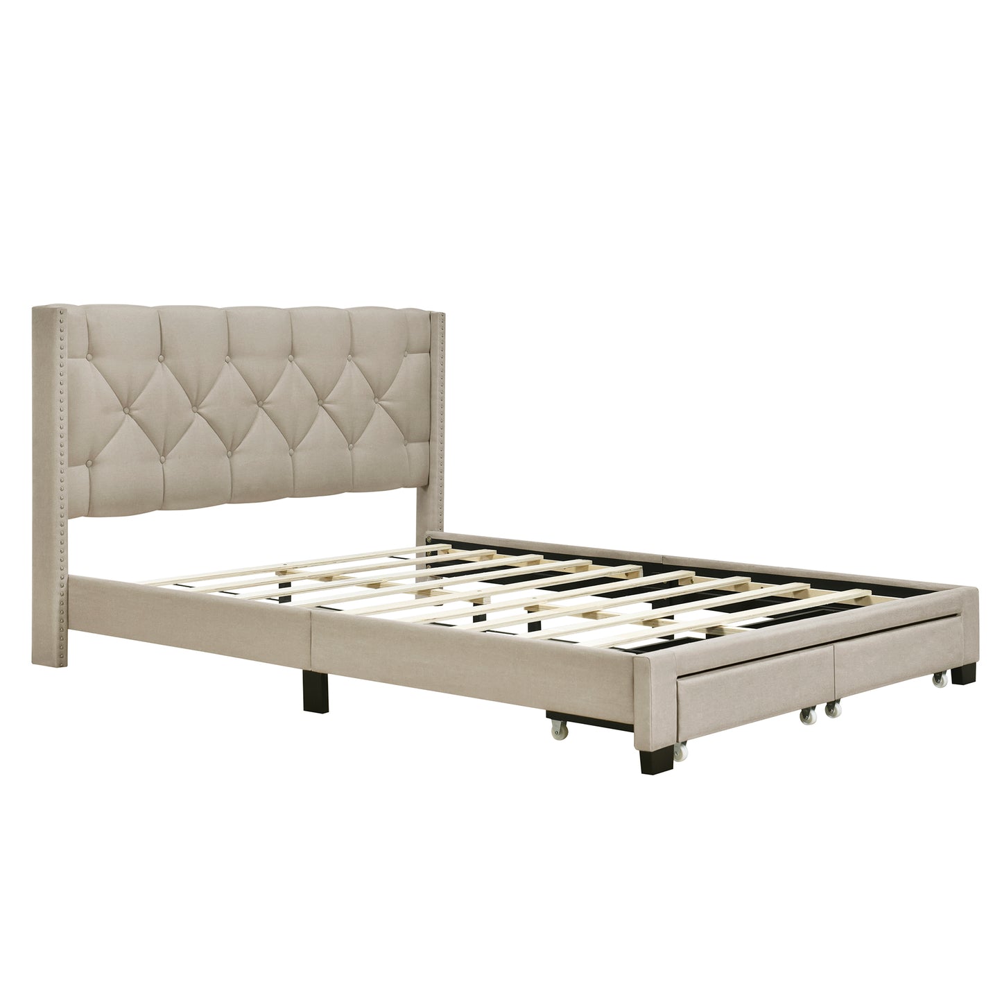 Queen Size Storage Bed Linen Upholstered Platform Bed with Two Drawers - Beige