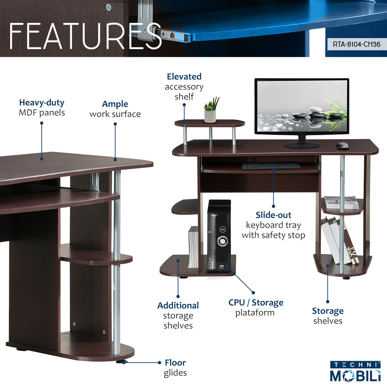 Chocolate Finish Complete Computer Workstation Desk with Abundant Storage