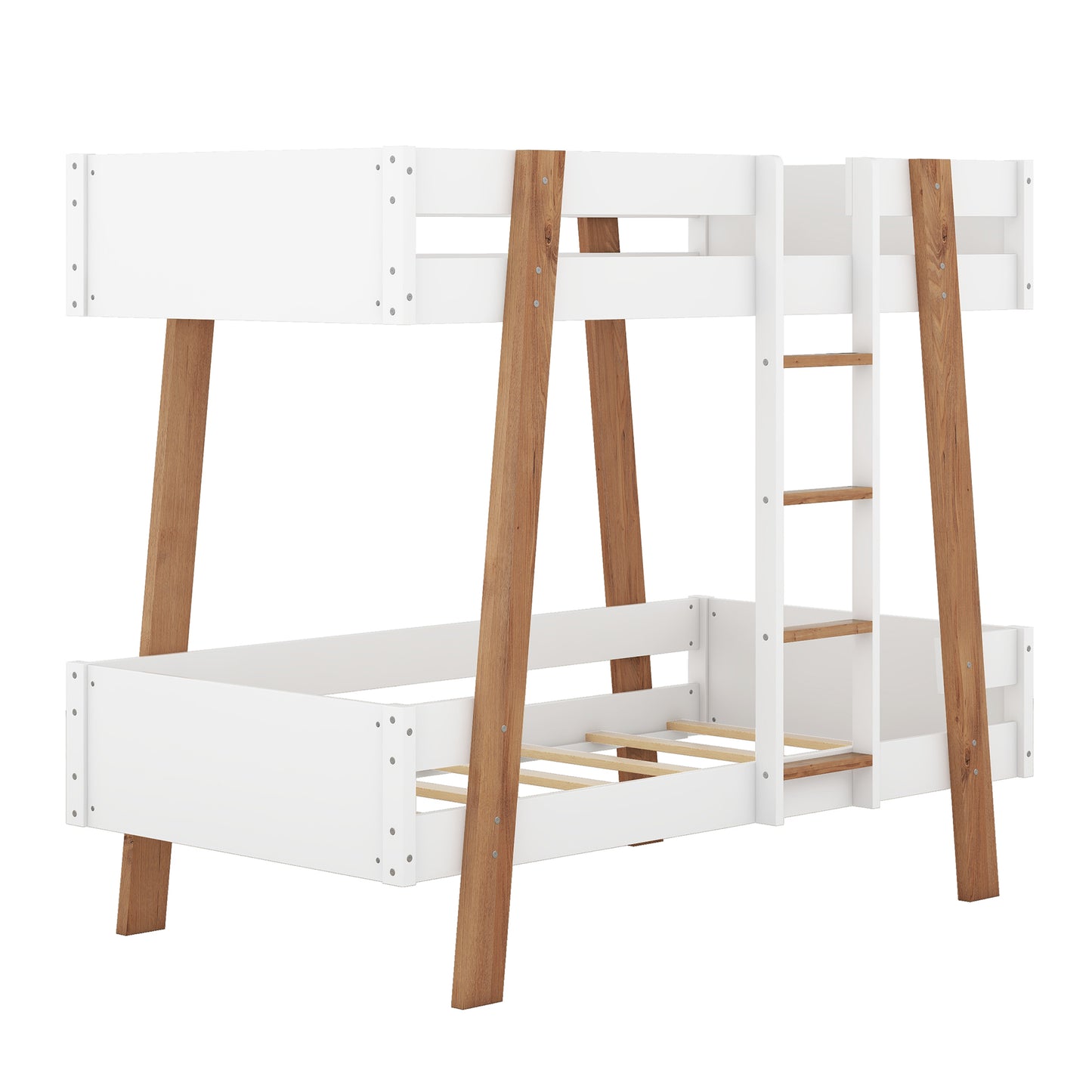 Rustic White Twin Size Bunk Bed with Wooden Columns and Attached Ladder