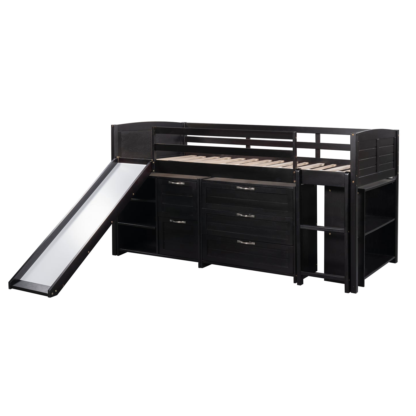 Low Twin Size Loft Bed with Cabinets, Shelves and Slide - Espresso