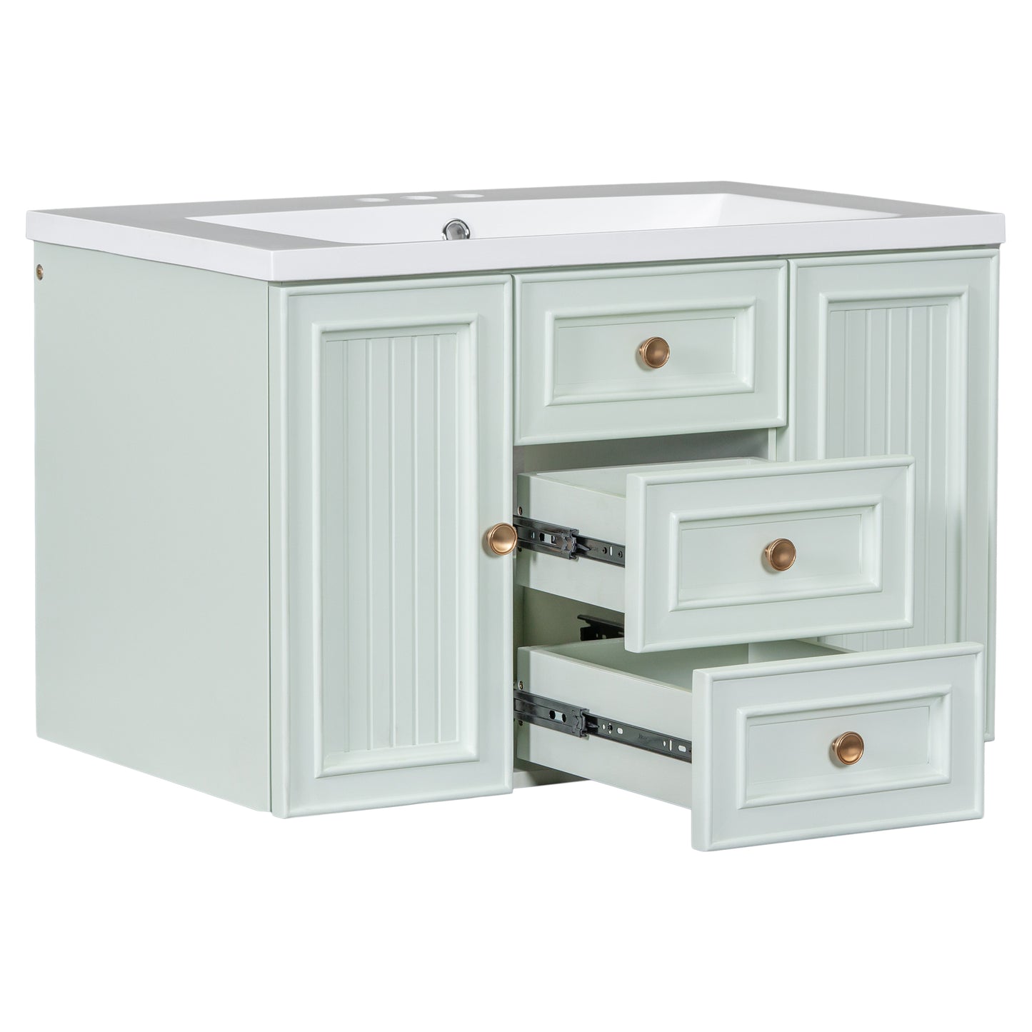 30" Wall Mounted Bathroom Vanity with Sink Combo, Functional Drawer, Solid Wood & MDF Board & Ceramic, Green