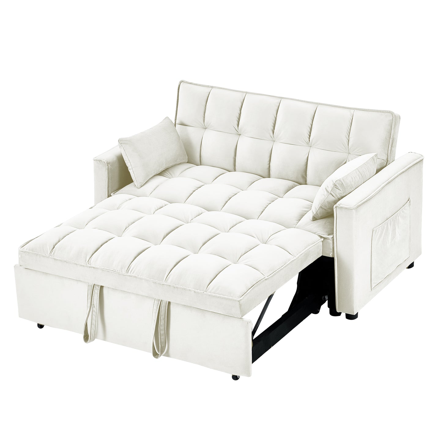 Sleeper Sofa Couch w/Pull Out Bed, 55" Modern Velvet Convertible Sleeper Sofa Bed, Small Love seat Sofa Bed w/Pillows & Side Pockets for Small Space, Living Room, Apartment, Cream White