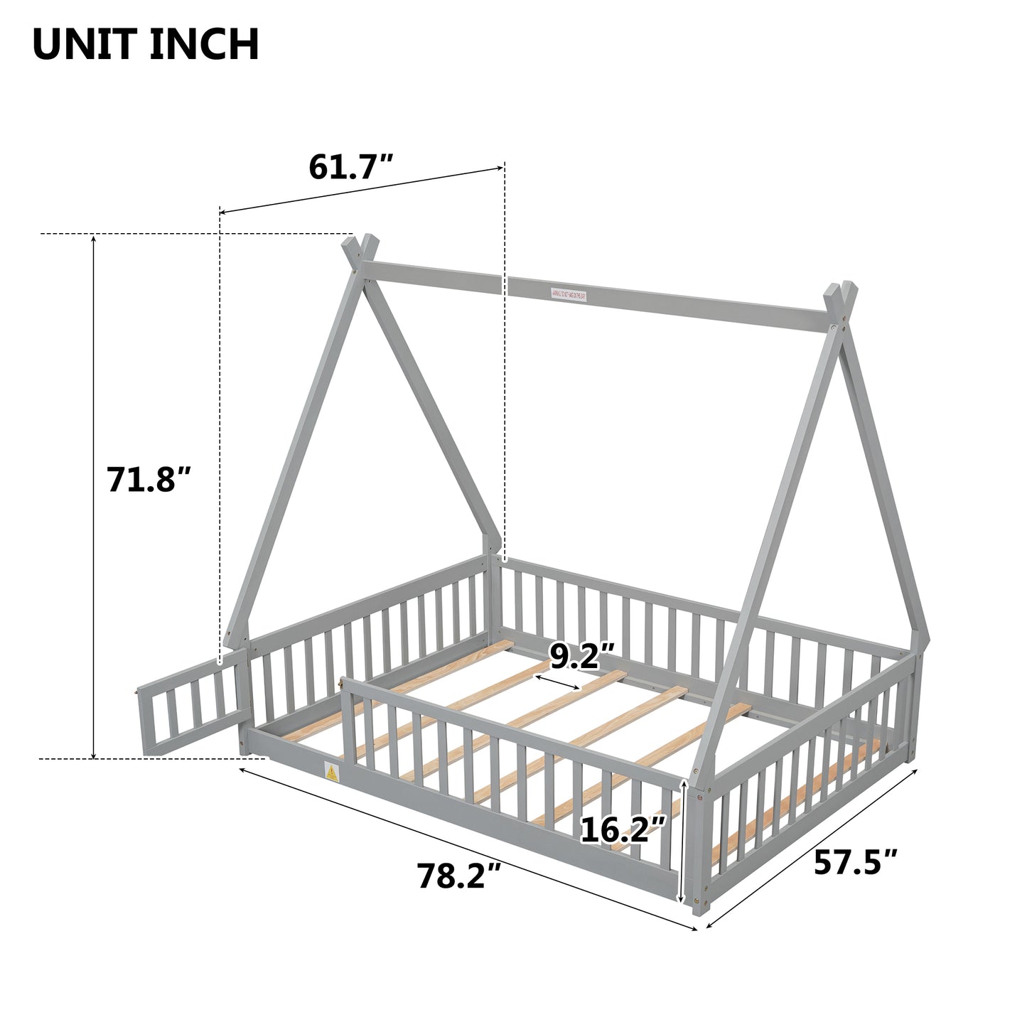 Full Tent-shaped Floor Bed, with Guardrails, Slats, Door ,Grey