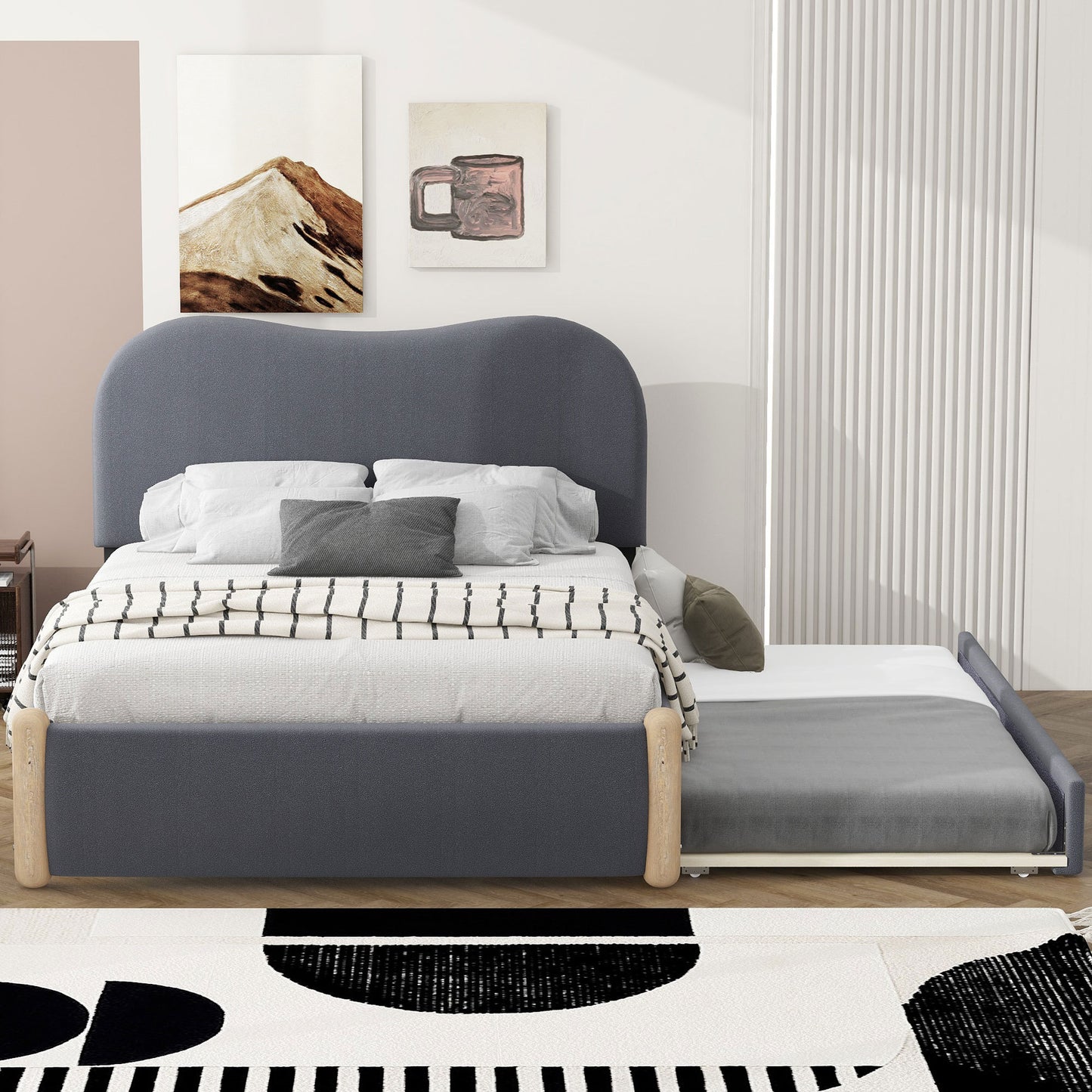 Full Size Upholstered Platform Bed with Wood Supporting Feet and Twin Size Trundle, Gray