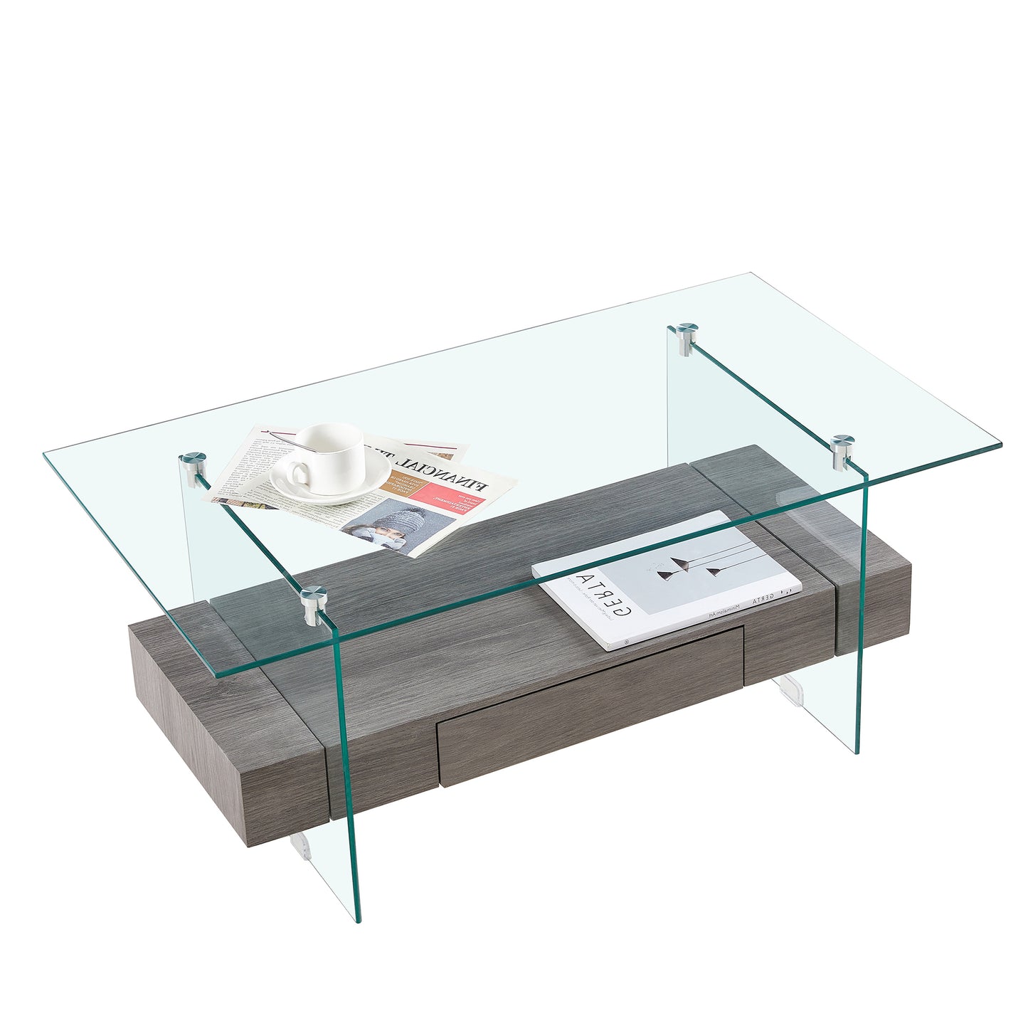 Modern Gray and Transparent Tempered Glass Coffee Table with Storage功能 and Non-Slip Legs