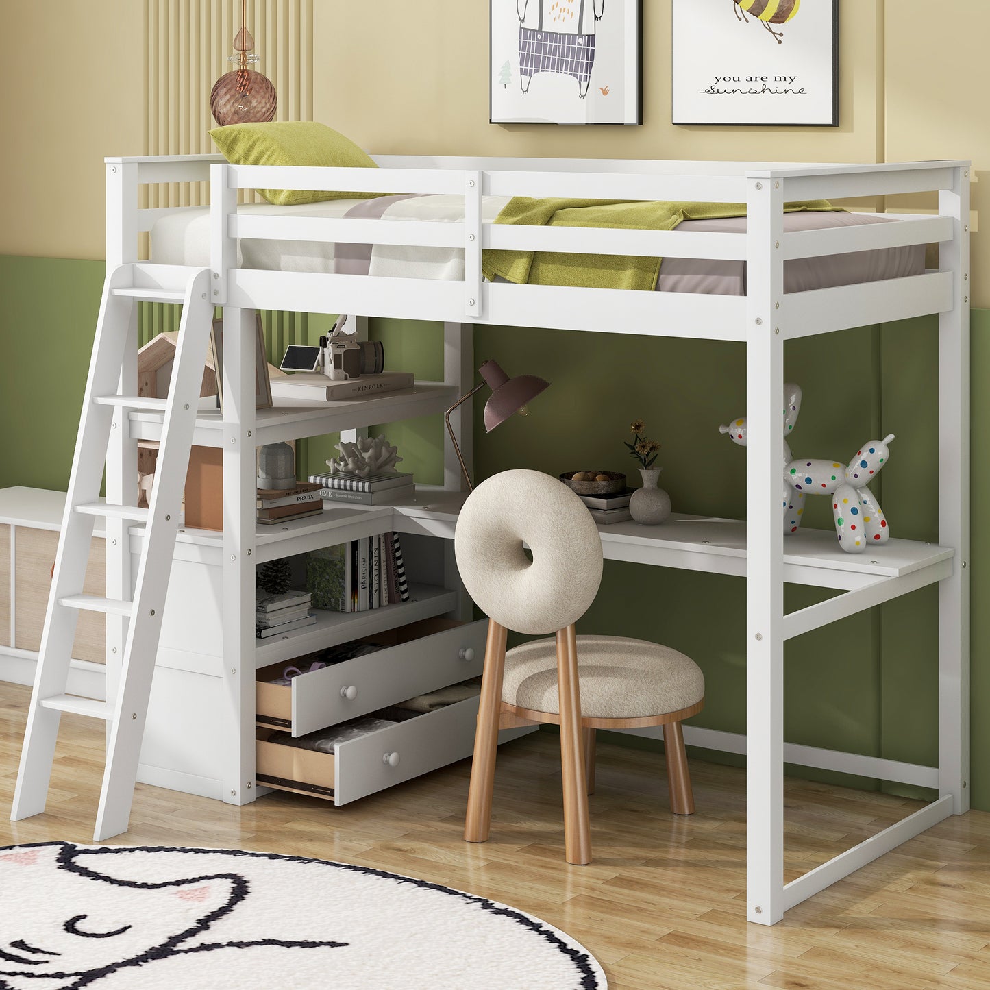 Twin Size Loft Bed with Desk and Shelves, Two Built-in Drawers, White(: GX000423AAK)