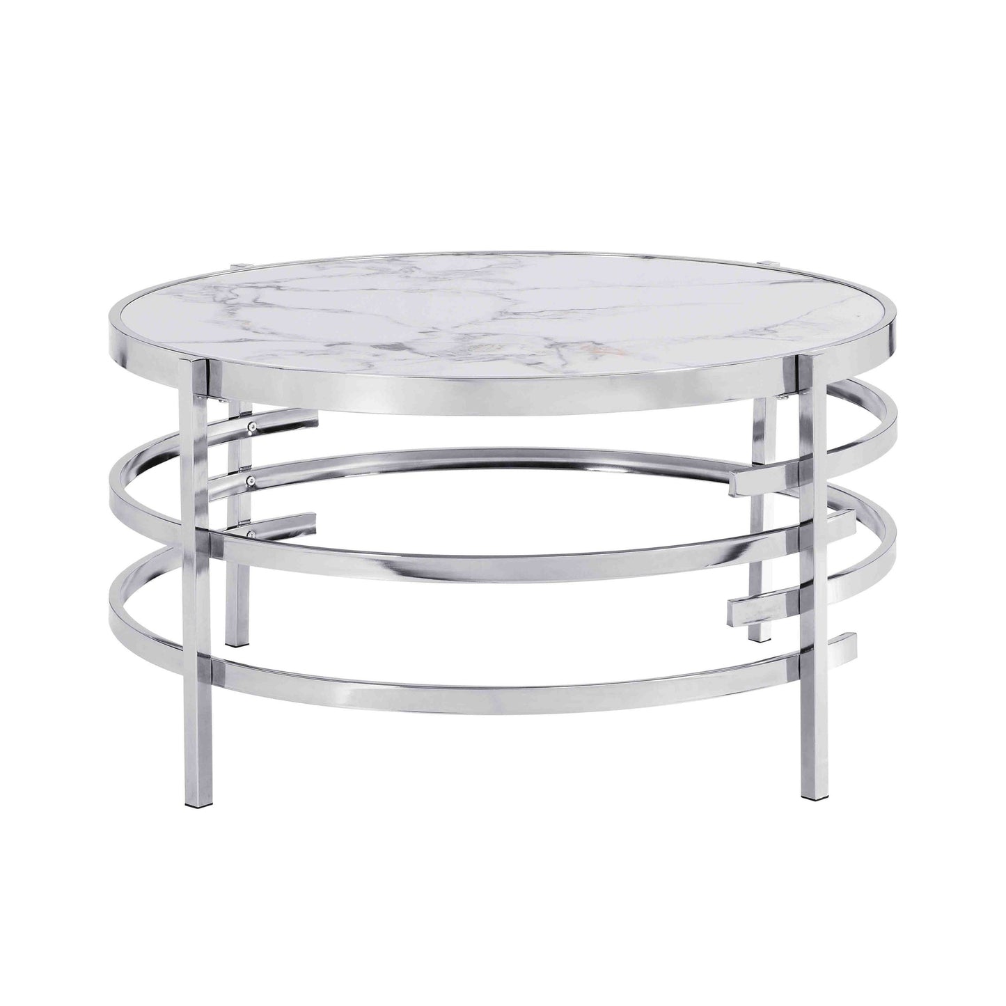 Chrome Round Coffee Table with Sintered Stone Top and Sturdy Metal Frame for Modern Living Room Décor