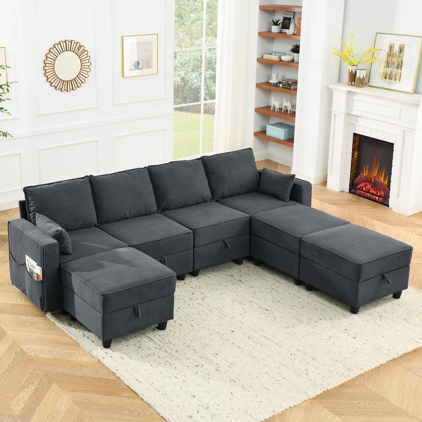 Middle seat of Module Sofa without Armrest, Gray Corduroy Velvet