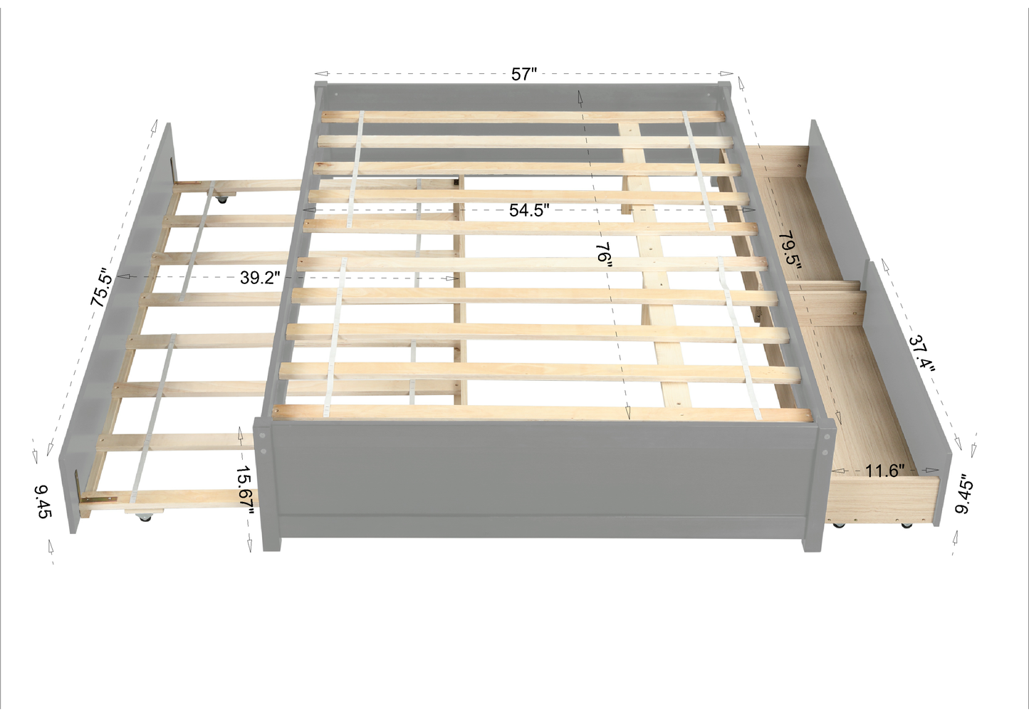 FULL BED WITH TWIN SIZE TRUNDLE AND TWO DRAWERS FOR GREY COLOR