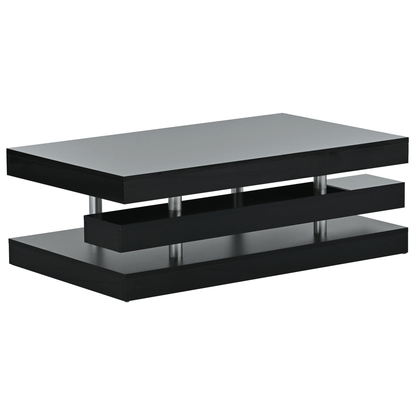 Black Contemporary 2-Tier Coffee Table with Sleek Metal Legs and High-Gloss UV Surface